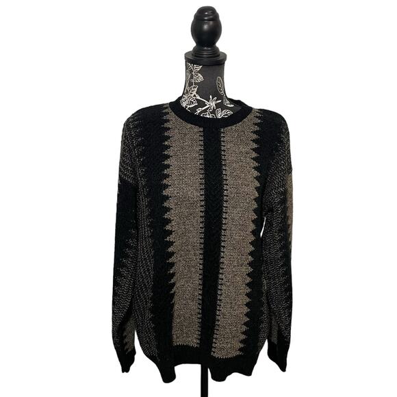 Vintage Bachrach Crewneck Acrylic Knit Sweater Black Tan Textured - Size Medium - Picture 2 of 7